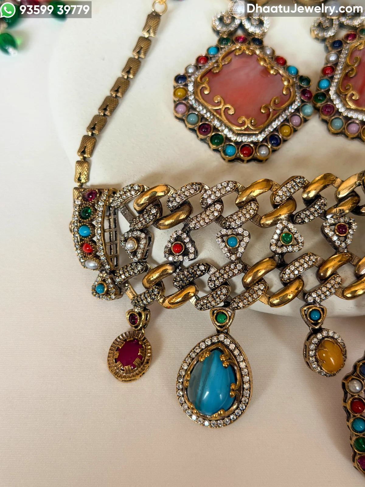 Rivaayat Antique Victorian Choker Necklace and Earrings Set – Multi-Color Doublet Stone Statement Jewelry