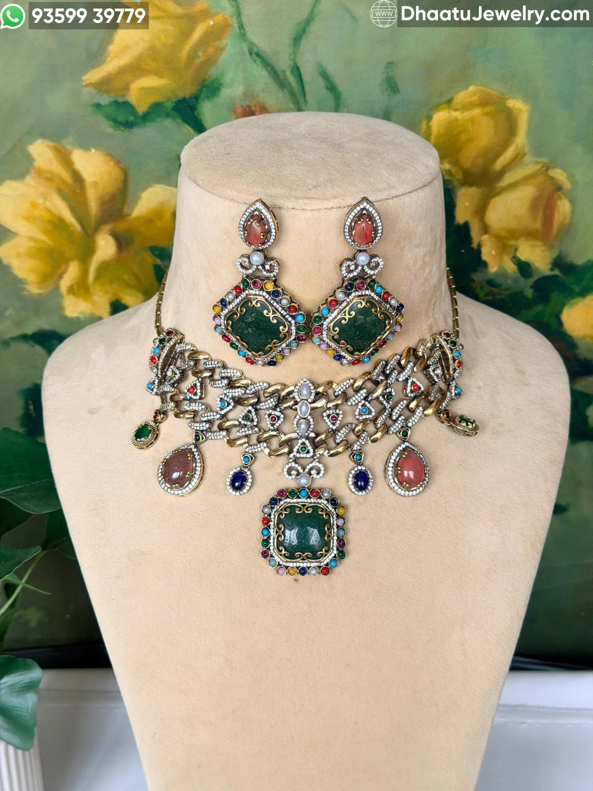Rivaayat Antique Victorian Choker Necklace and Earrings Set – Multi-Color Doublet Stone Statement Jewelry