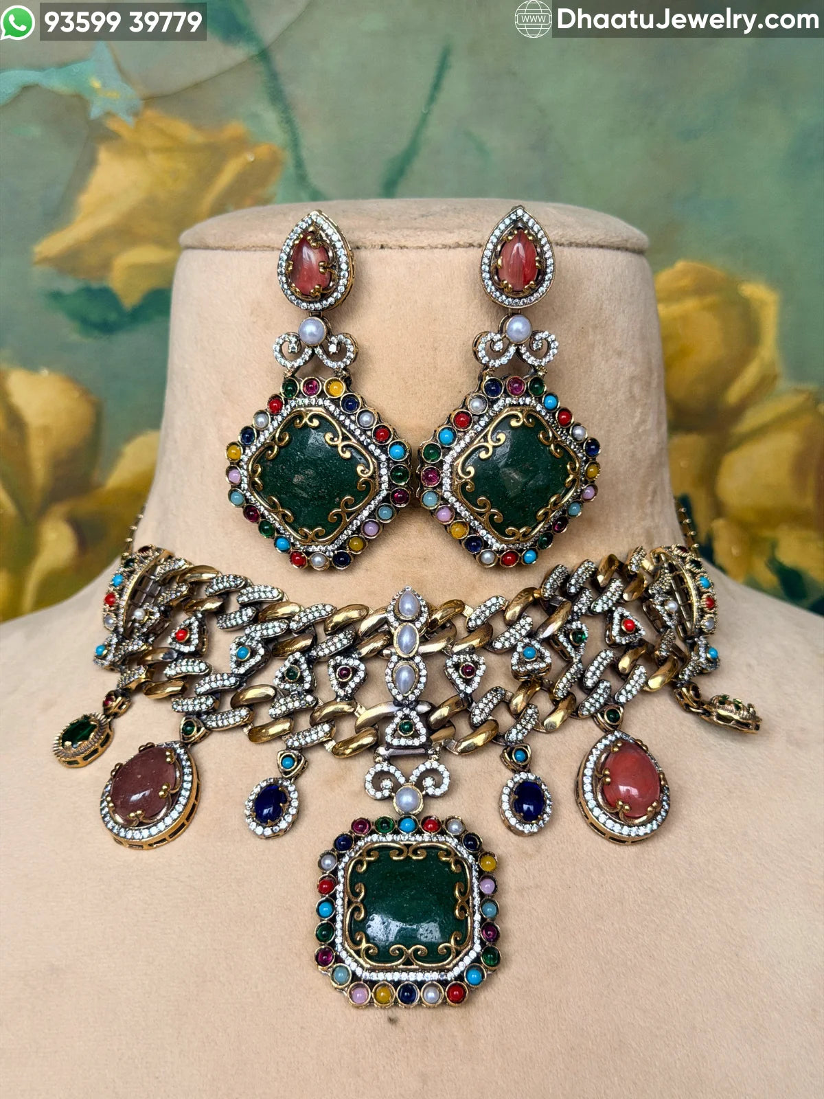 Rivaayat Antique Victorian Choker Necklace and Earrings Set – Multi-Color Doublet Stone Statement Jewelry
