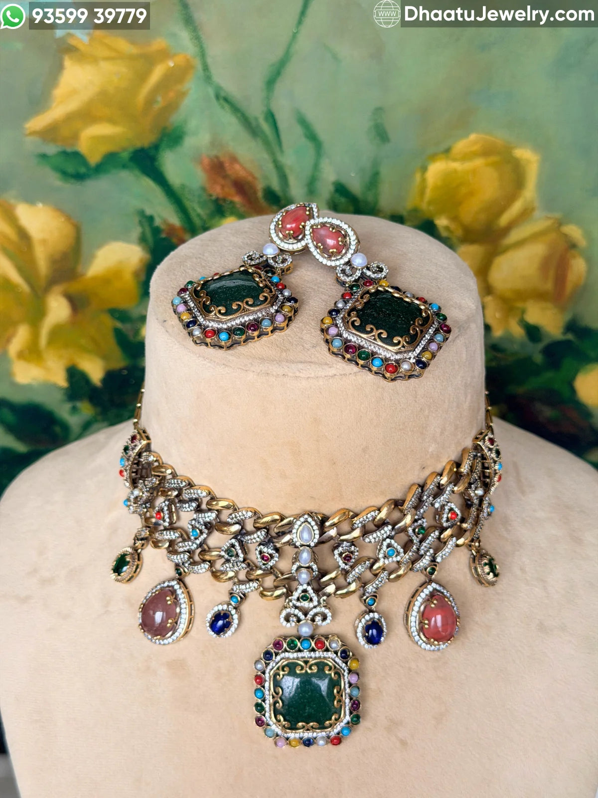 Rivaayat Antique Victorian Choker Necklace and Earrings Set – Multi-Color Doublet Stone Statement Jewelry