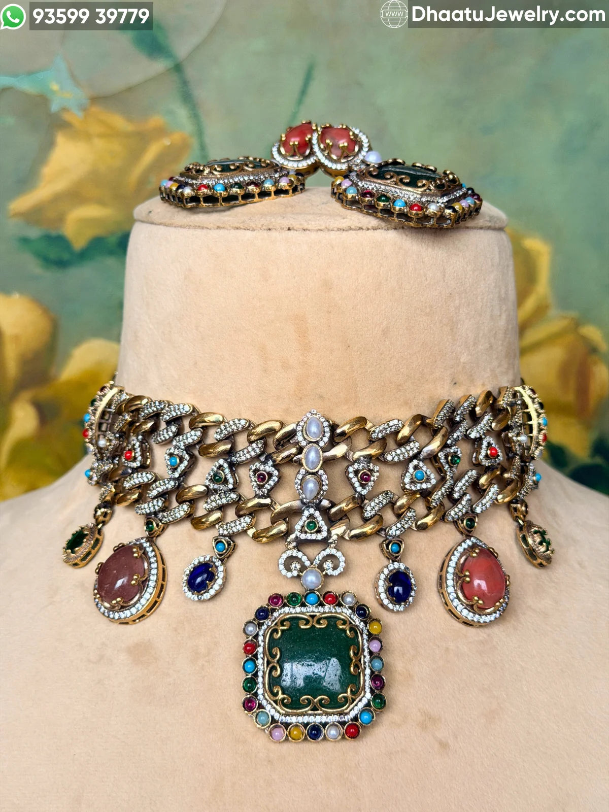 Rivaayat Antique Victorian Choker Necklace and Earrings Set – Multi-Color Doublet Stone Statement Jewelry