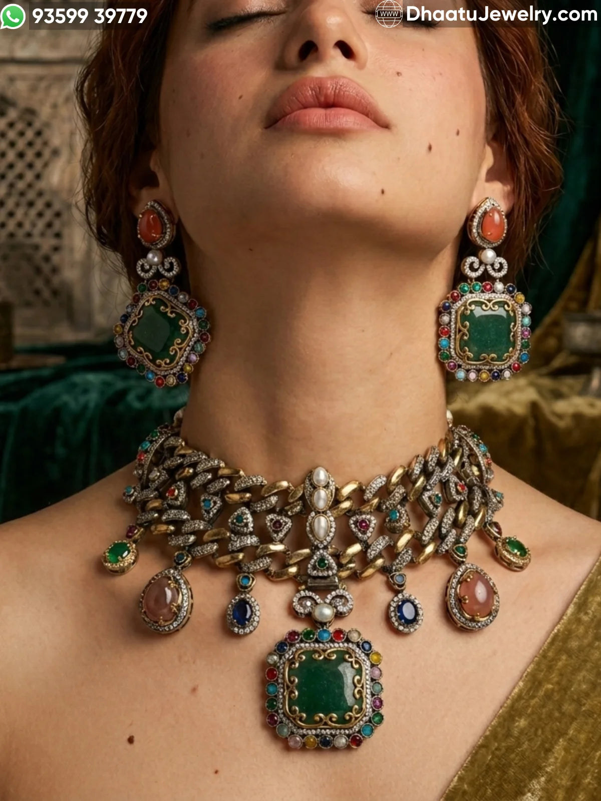 Rivaayat Antique Victorian Choker Necklace and Earrings Set – Multi-Color Doublet Stone Statement Jewelry