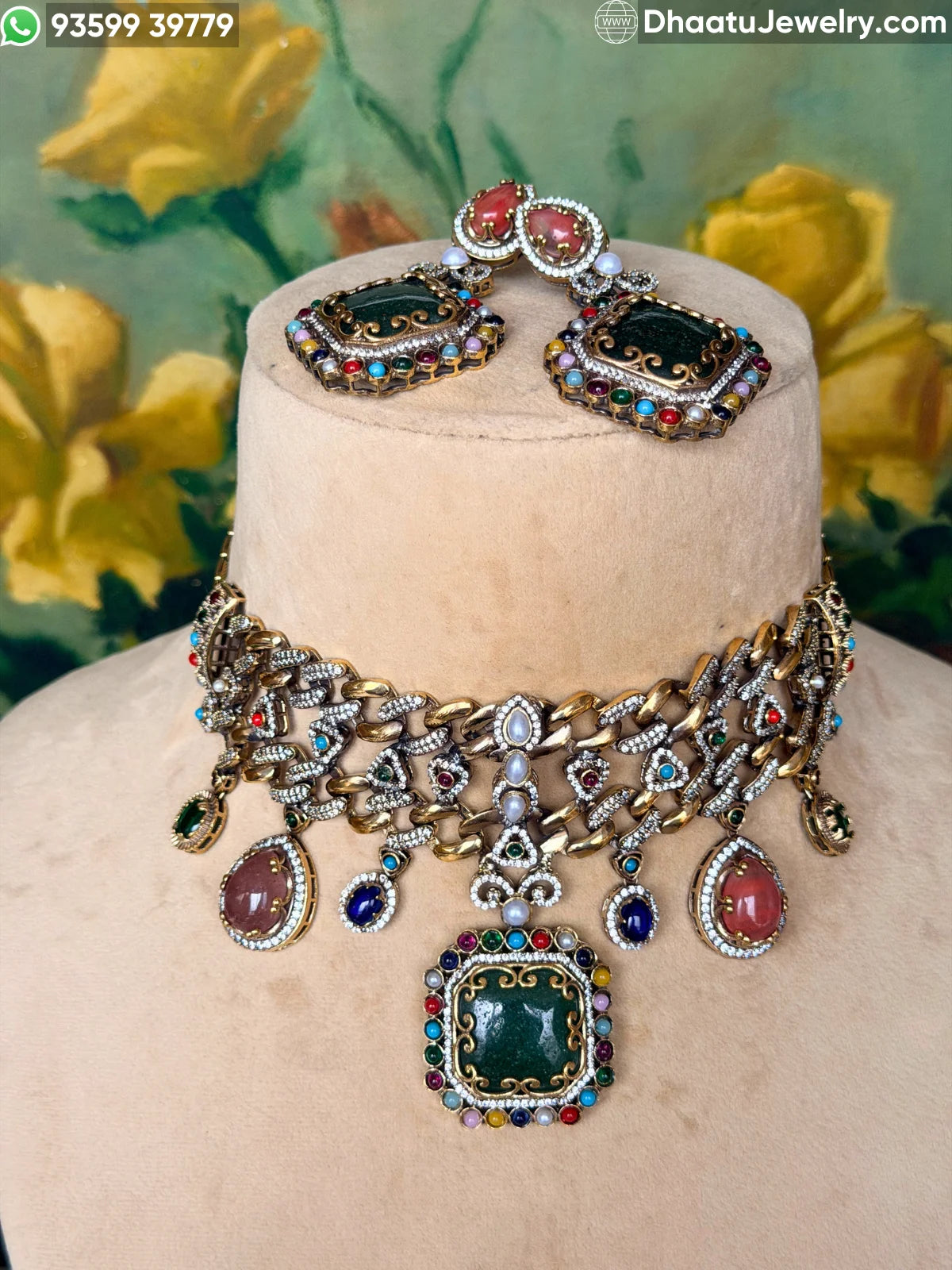 Rivaayat Antique Victorian Choker Necklace and Earrings Set – Multi-Color Doublet Stone Statement Jewelry