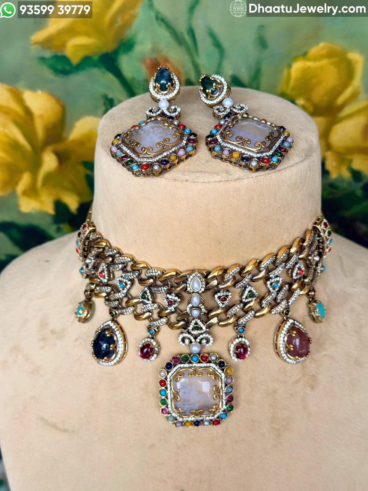 Rivaayat Antique Victorian Choker Necklace and Earrings Set – Multi-Color Doublet Stone Statement Jewelry