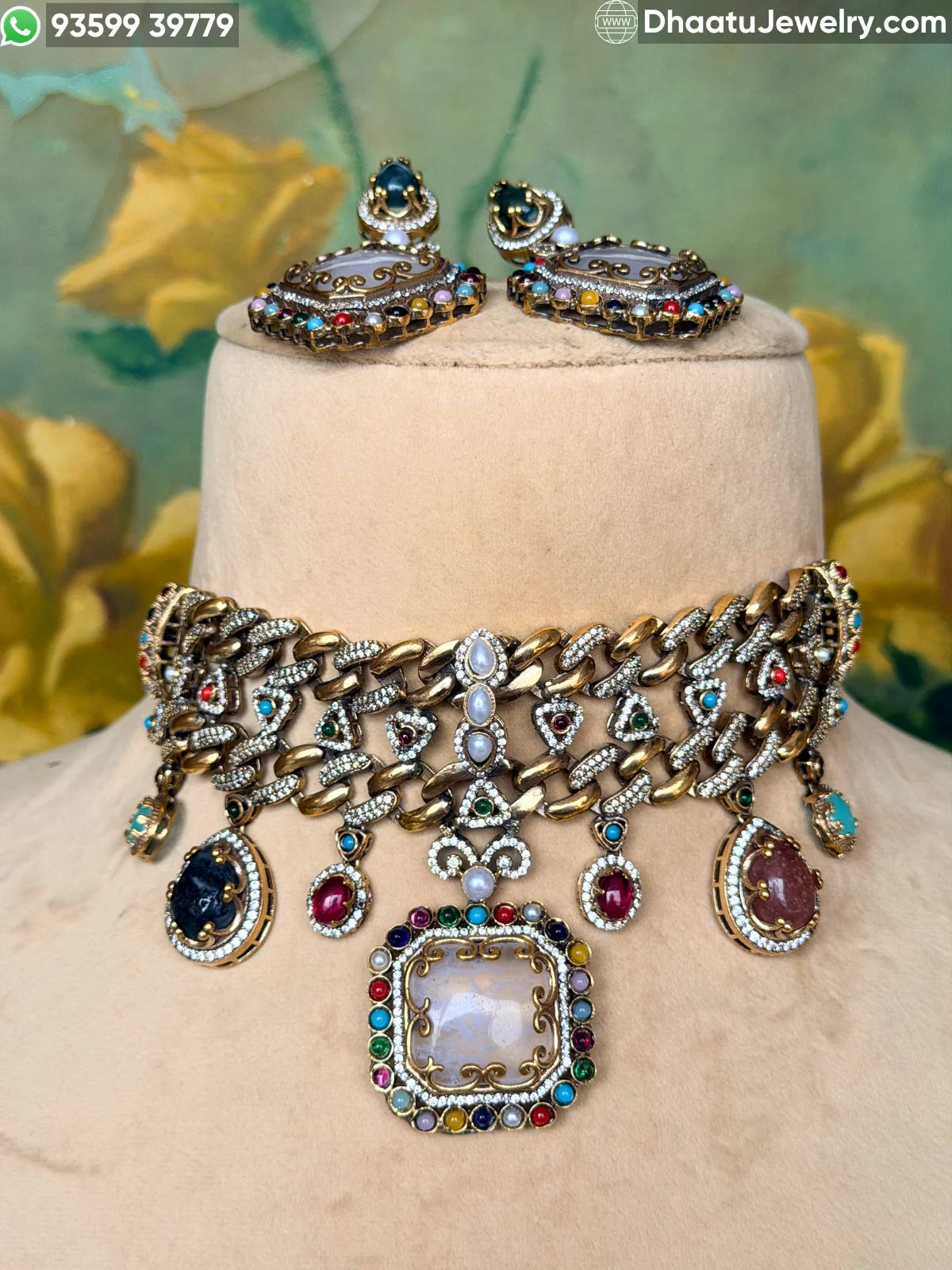 Rivaayat Antique Victorian Choker Necklace and Earrings Set – Multi-Color Doublet Stone Statement Jewelry