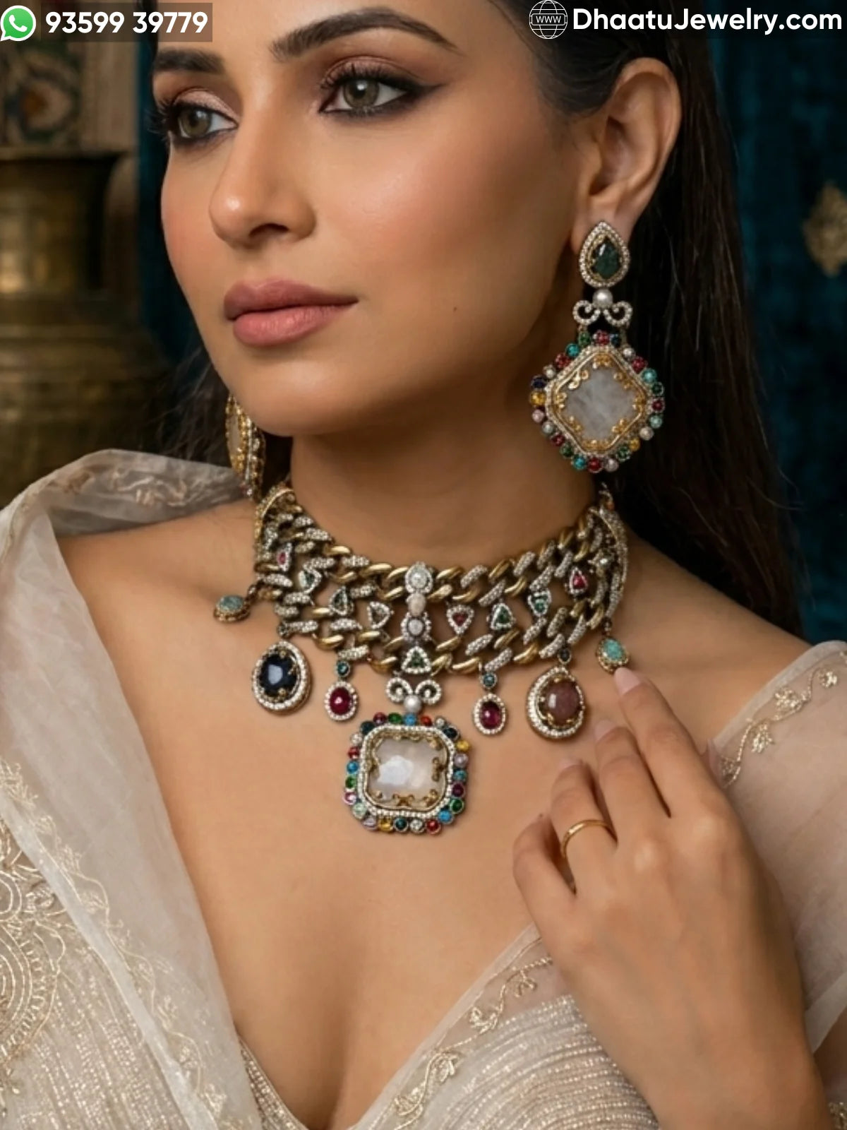 Rivaayat Antique Victorian Choker Necklace and Earrings Set – Multi-Color Doublet Stone Statement Jewelry