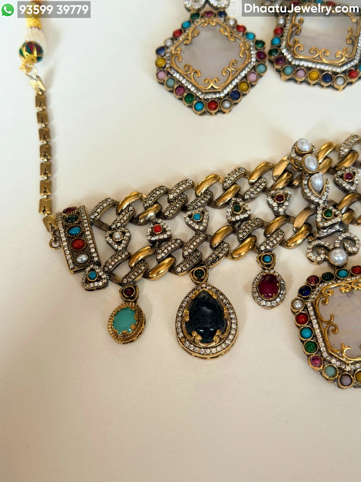 Rivaayat Antique Victorian Choker Necklace and Earrings Set – Multi-Color Doublet Stone Statement Jewelry