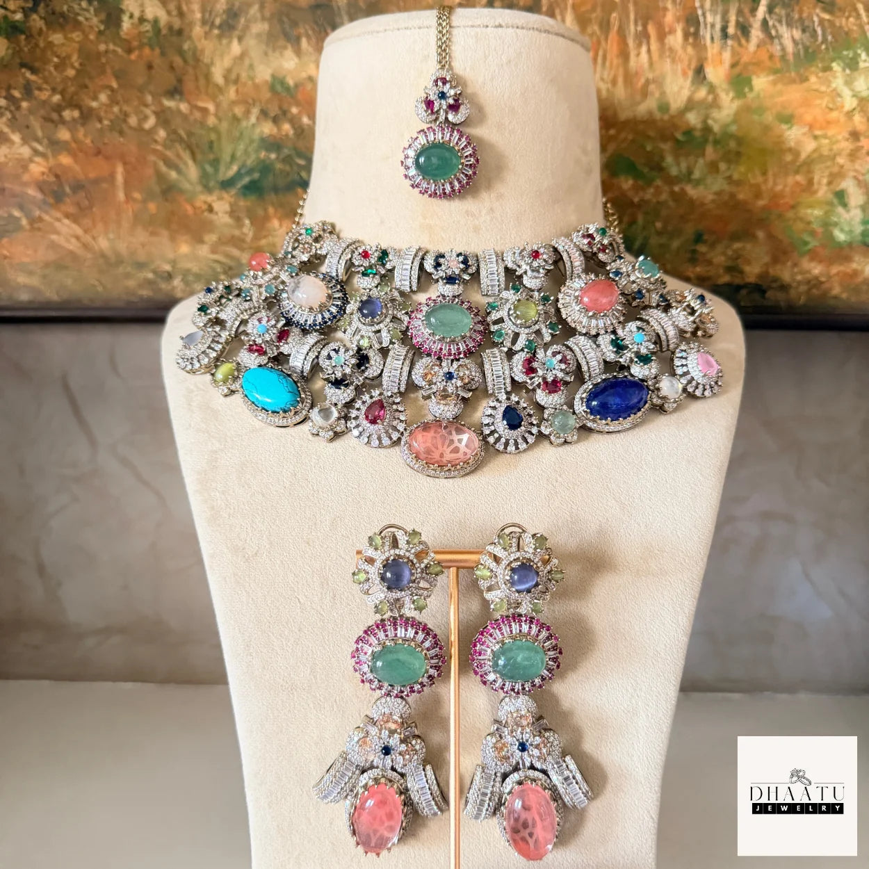 Afreen Set - Victorian Finish 4 Layered Bridal Choker Set with Multi-Color Doublet Stones & Maang Tika