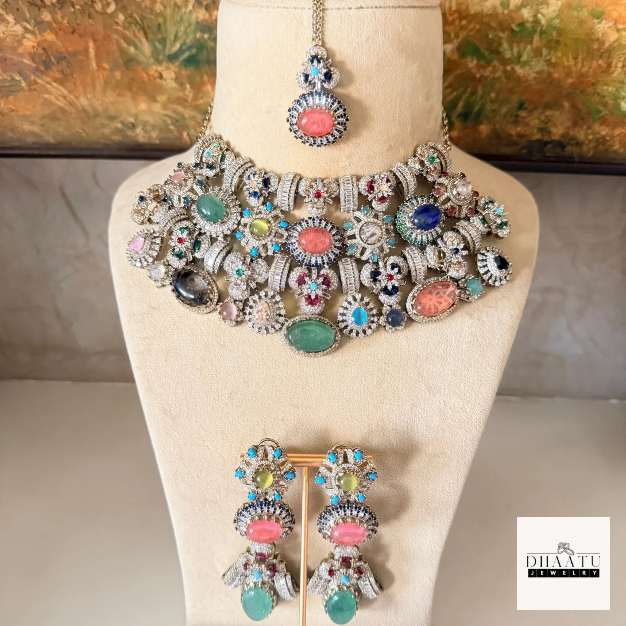 Afreen Set - Victorian Finish 4 Layered Bridal Choker Set with Multi-Color Doublet Stones & Maang Tika