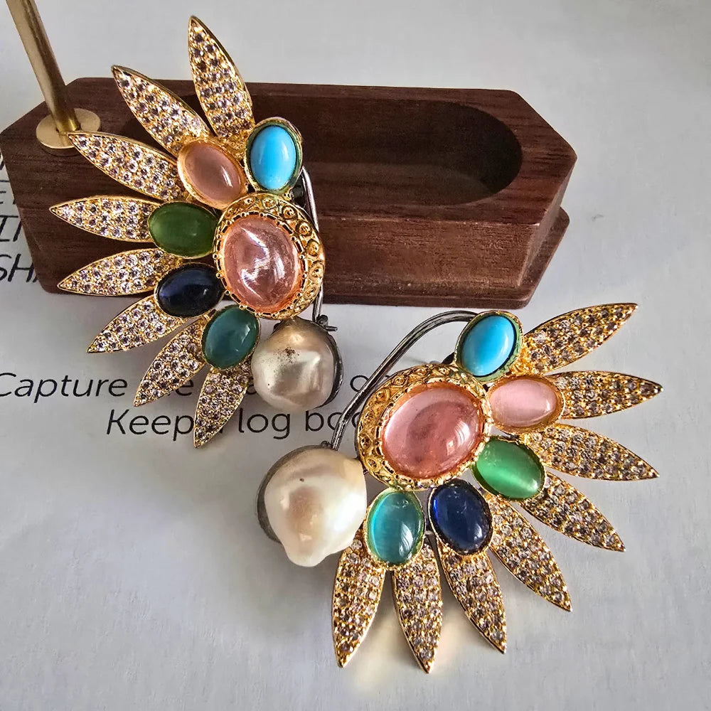 Rivaayat Handcrafted Sunburst Ear Cuffs with Baroque Pearls and Multi-Hue Cabochons