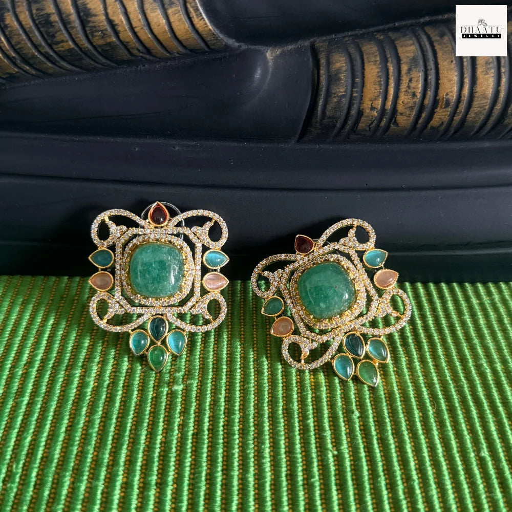 Semi-Precious Stone Studs with CZ Pavé Border (5 Variants)