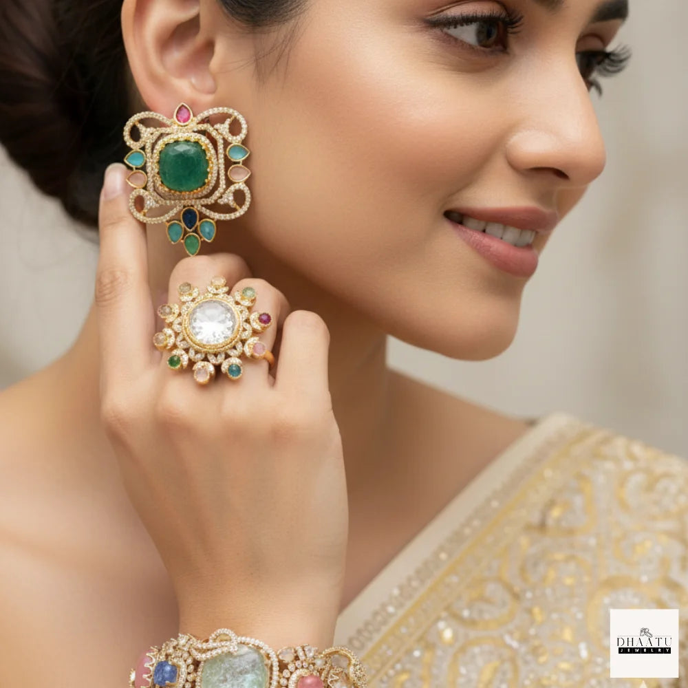 Semi-Precious Stone Studs with CZ Pavé Border (5 Variants)