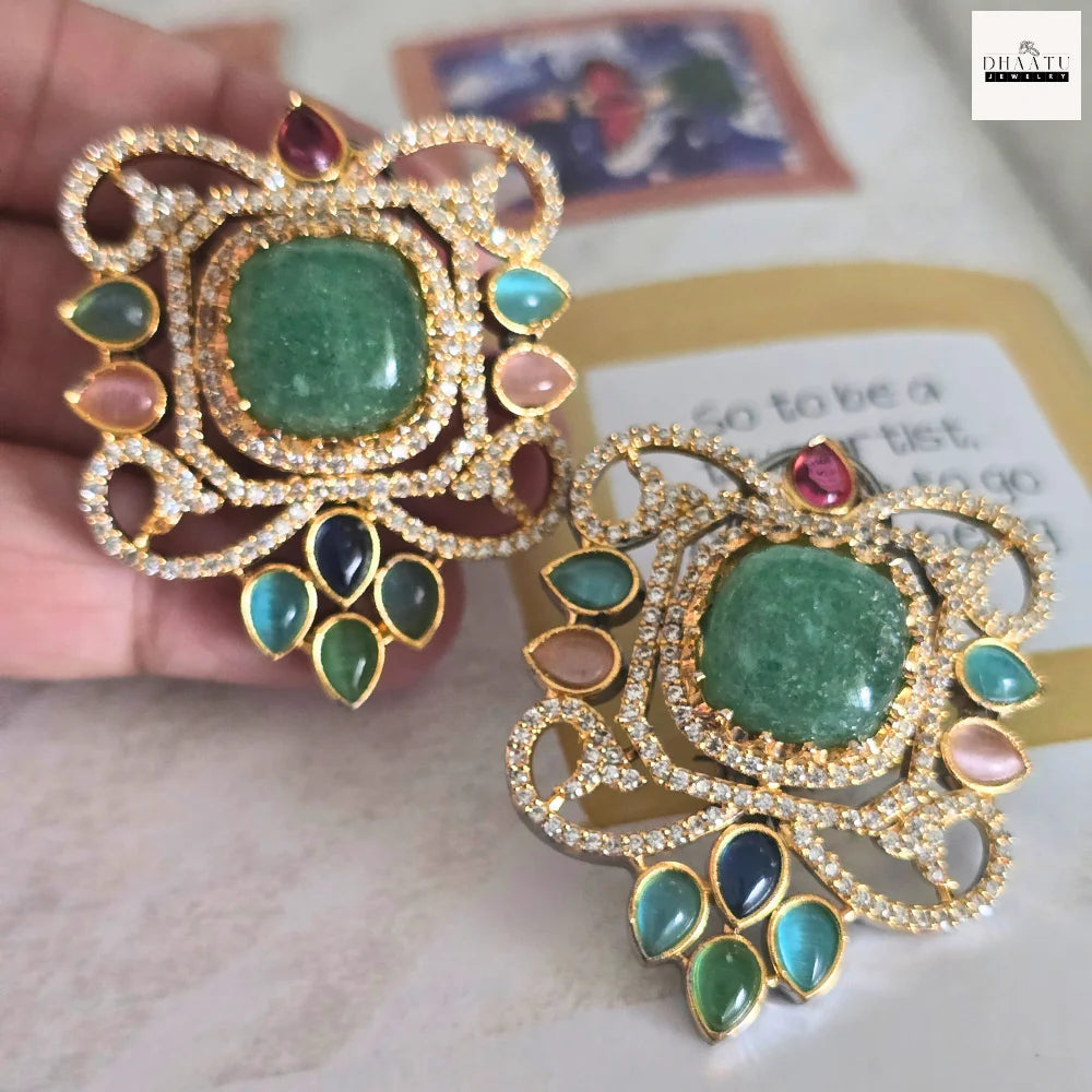 Semi-Precious Stone Studs with CZ Pavé Border (5 Variants)