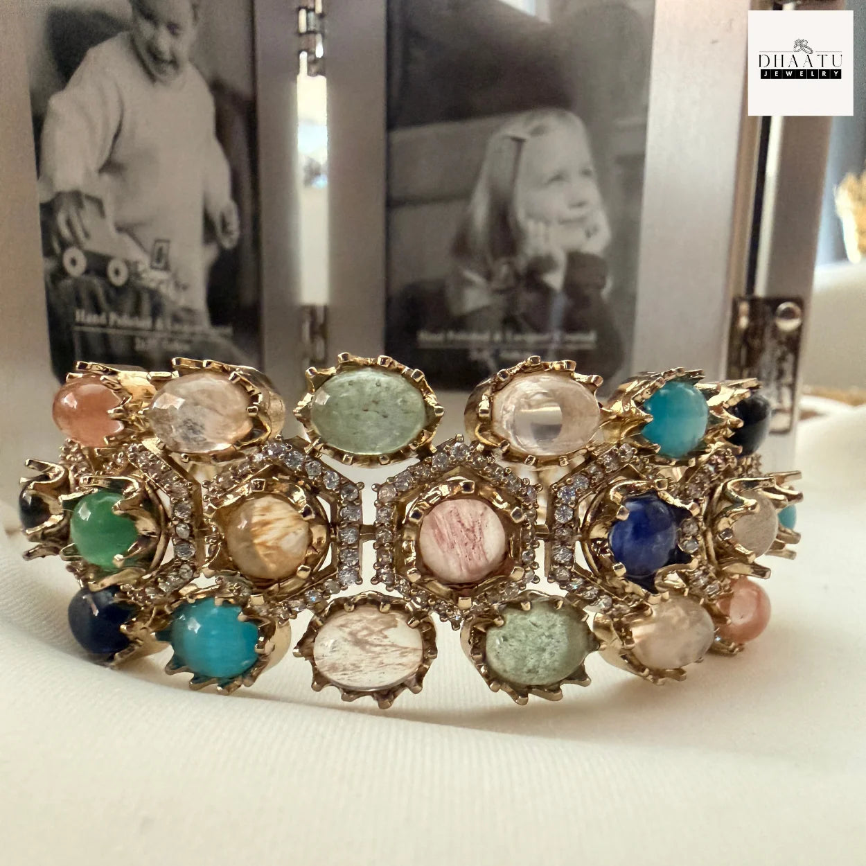 Rivaayat Victorian Antique Cuff – Multi-Hue Doublet Stone Stackable Brass Bracelet