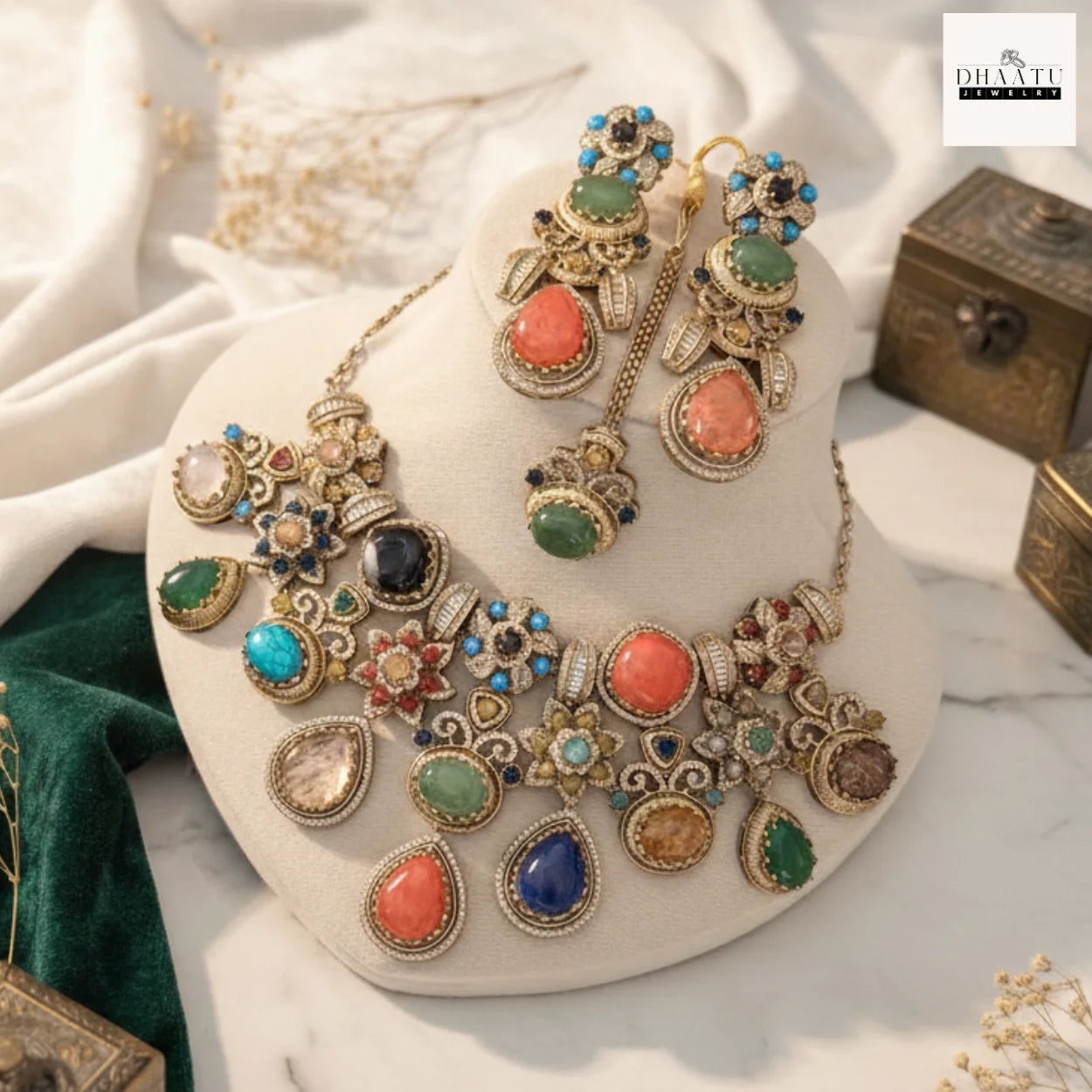 Antique Brass Choker Set with Multi-Color Doublet Stones – Includes Earrings & Maang Tika