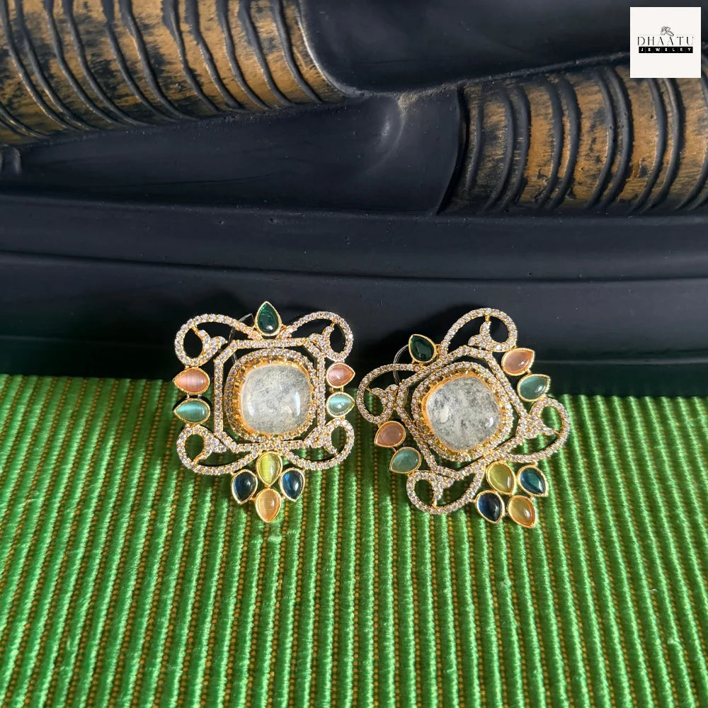 Semi-Precious Stone Studs with CZ Pavé Border (5 Variants)