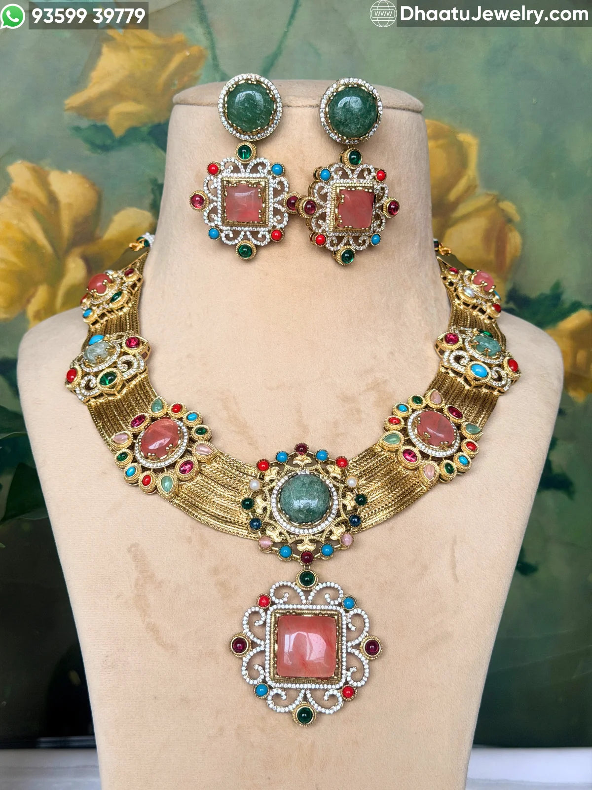 Rivaayat Antique Brass Victorian Wide Choker Necklace Set with Multi-Color Doublet Stones