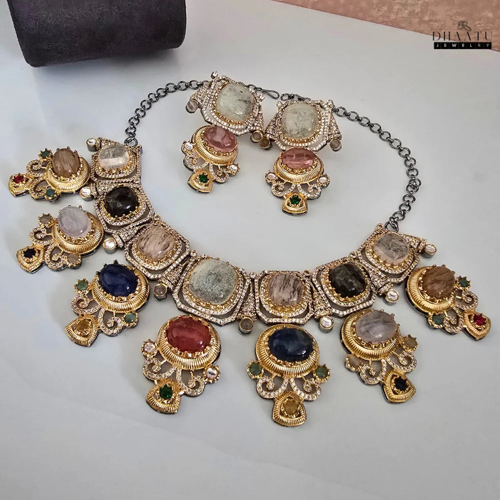 Rivaayat Collection: 'Aarushi' Multi-Stone Two Layer Traditional Choker Necklace Set with Earrings
