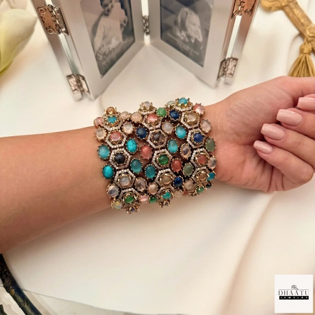 Rivaayat Victorian Antique Cuff – Multi-Hue Doublet Stone Stackable Brass Bracelet