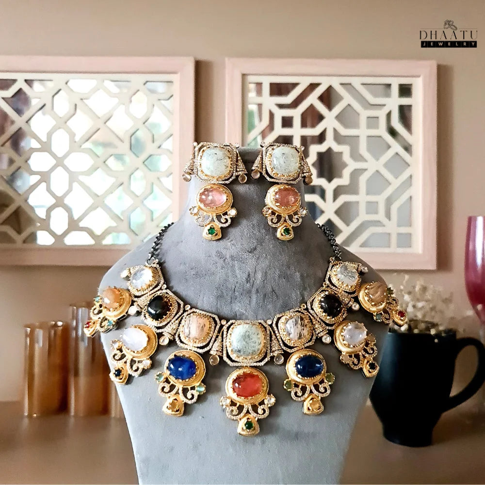 Rivaayat Collection: 'Aarushi' Multi-Stone Two Layer Traditional Choker Necklace Set with Earrings