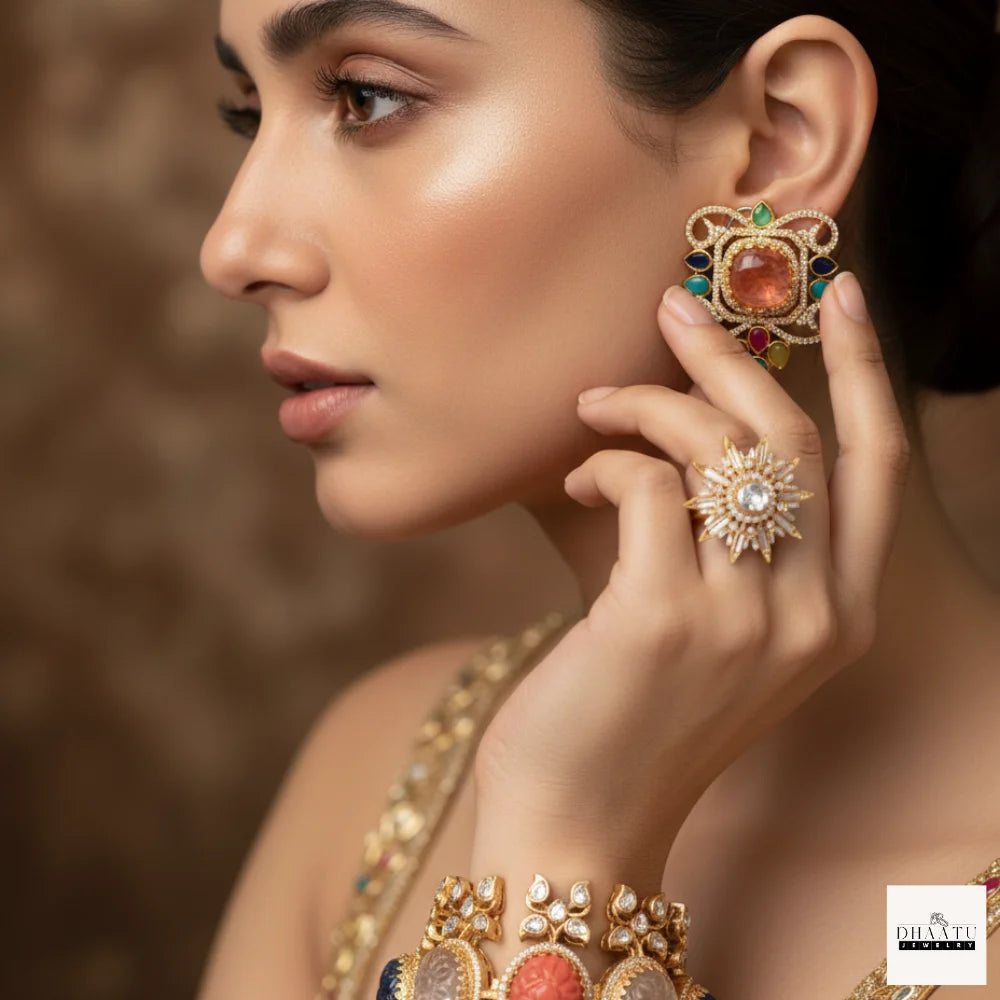 Semi-Precious Stone Studs with CZ Pavé Border (5 Variants)