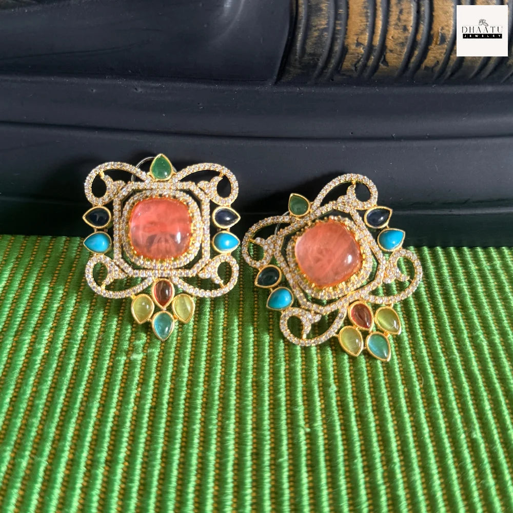 Semi-Precious Stone Studs with CZ Pavé Border (5 Variants)