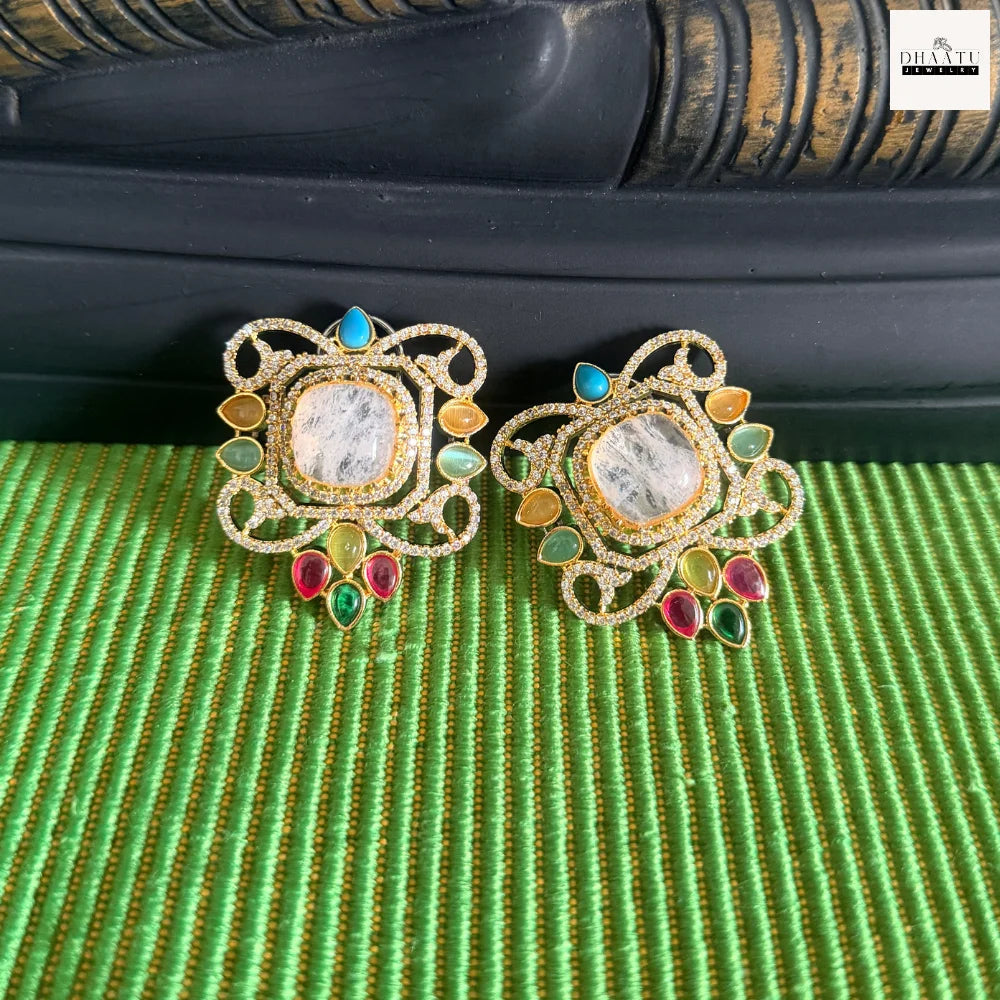 Semi-Precious Stone Studs with CZ Pavé Border (5 Variants)