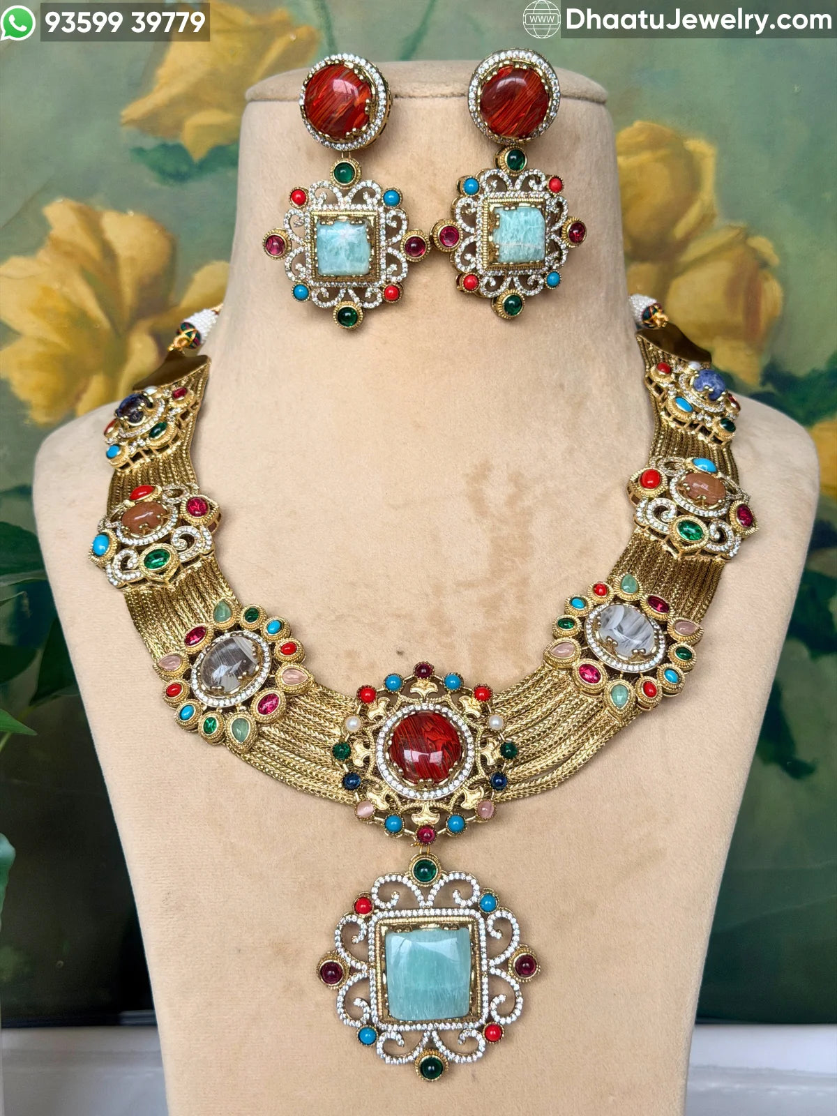 Rivaayat Antique Brass Victorian Wide Choker Necklace Set with Multi-Color Doublet Stones