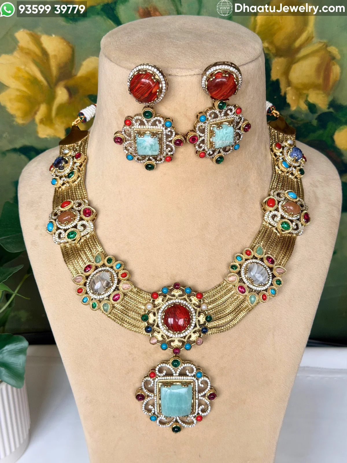 Rivaayat Antique Brass Victorian Wide Choker Necklace Set with Multi-Color Doublet Stones