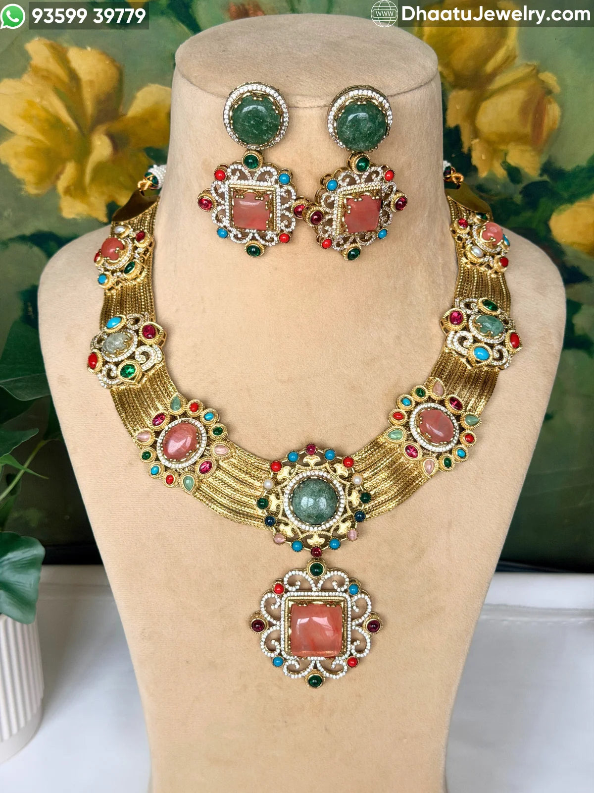 Rivaayat Antique Brass Victorian Wide Choker Necklace Set with Multi-Color Doublet Stones