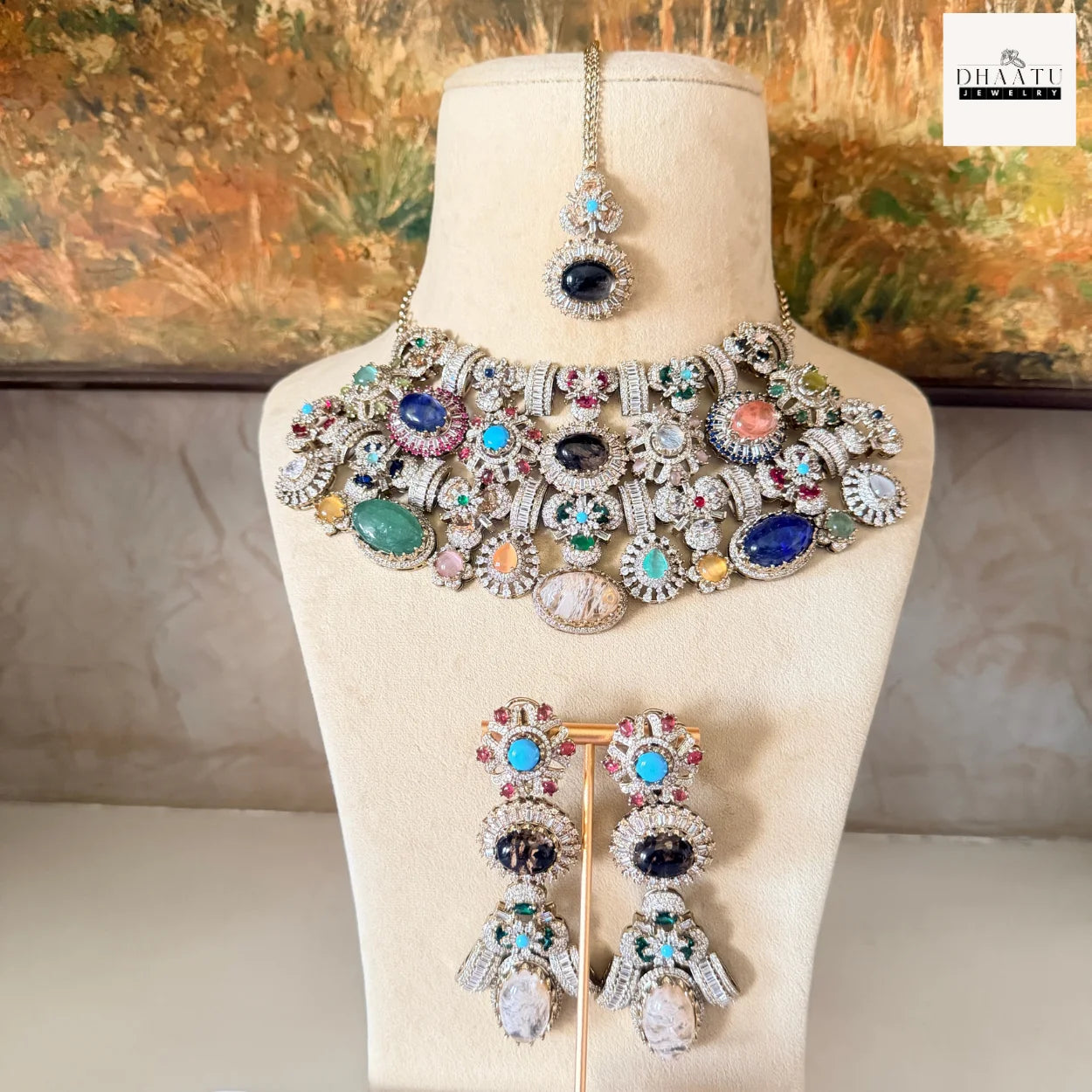 Afreen Set - Victorian Finish 4 Layered Bridal Choker Set with Multi-Color Doublet Stones & Maang Tika