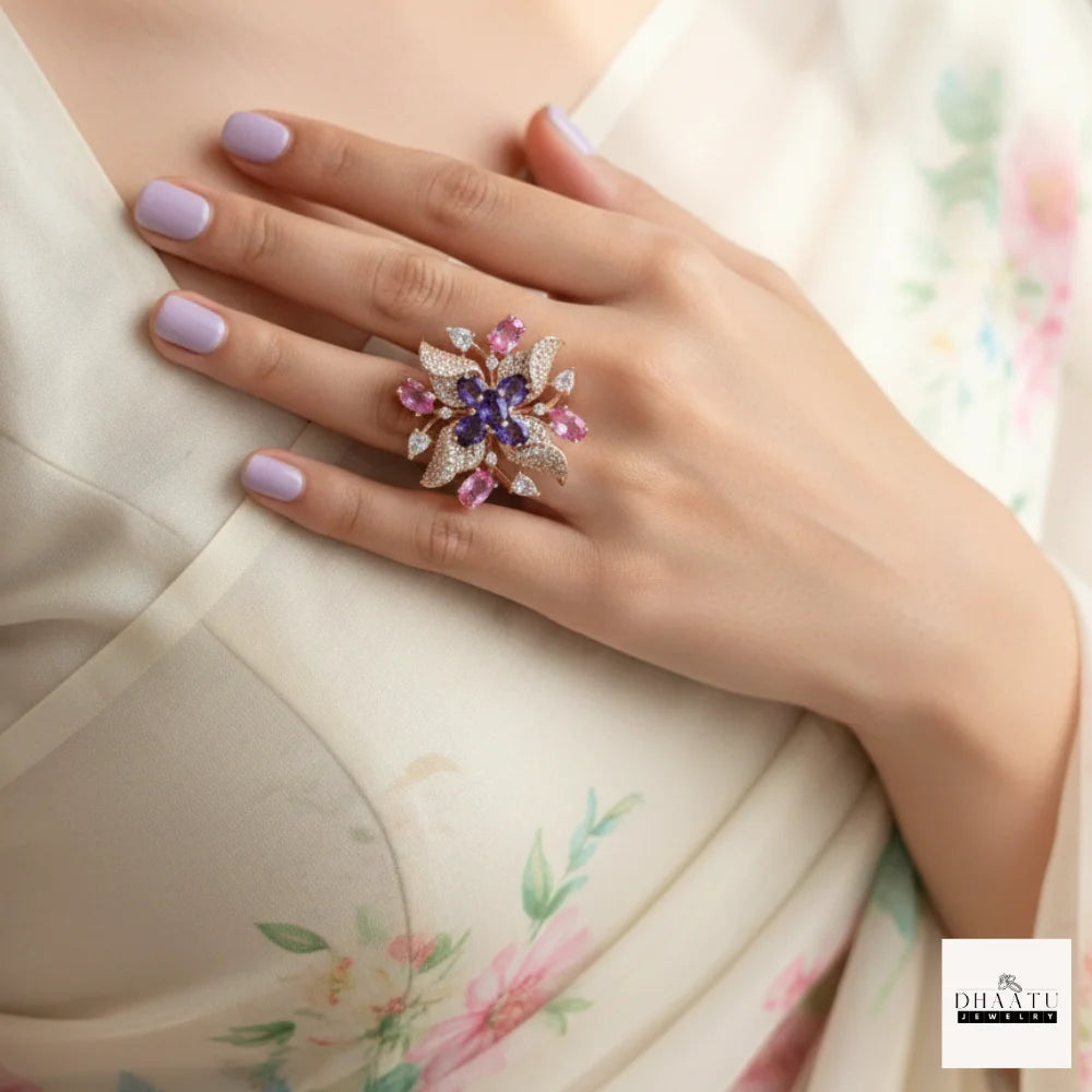 Gulnaar Amethyst & Pink Sapphire Floral Statement Ring - Adjustable Rose Gold Cocktail Ring