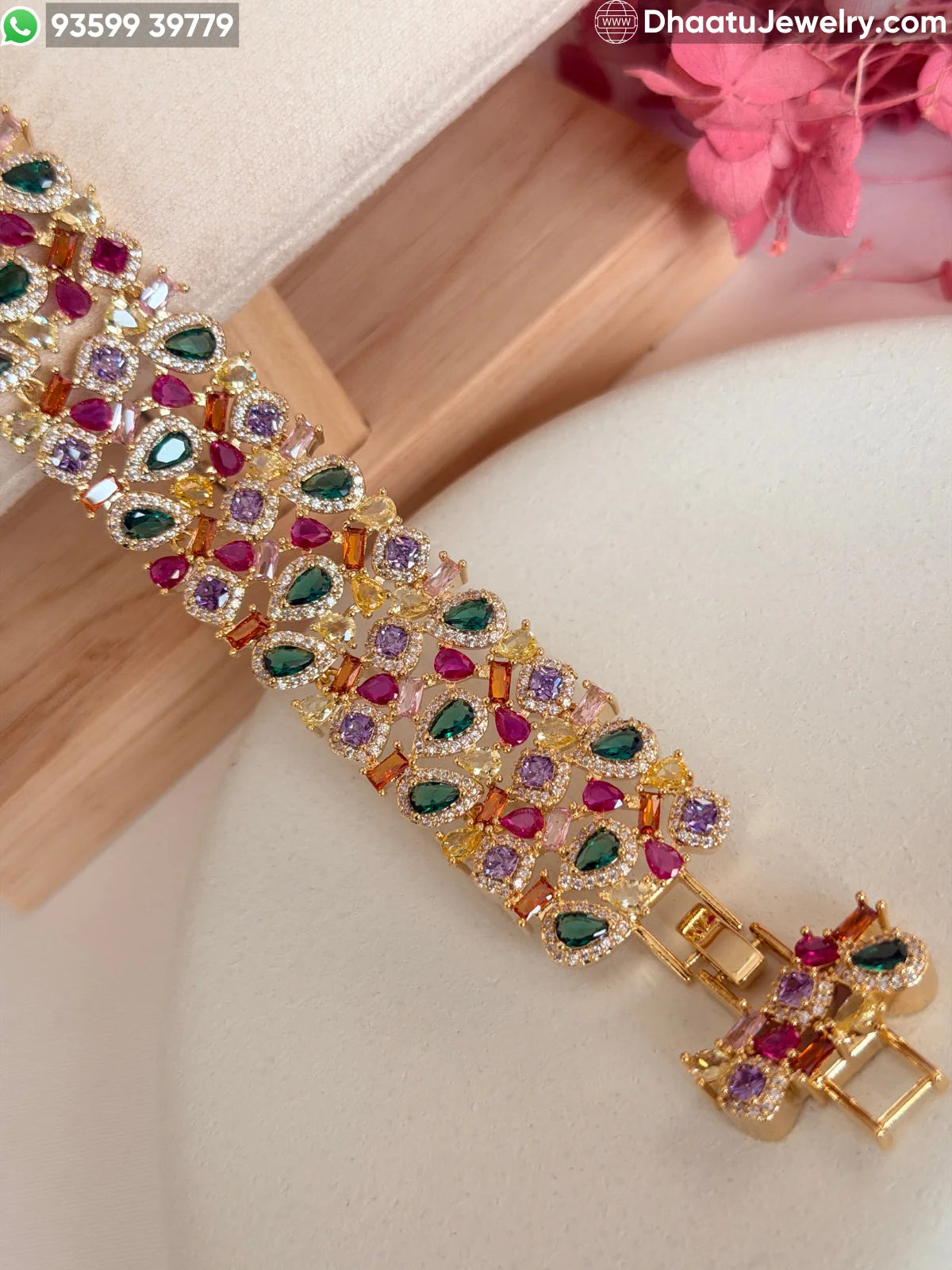 Multicolor Pear-Cut Cubic Zirconia Statement Bracelet - 18cm to 21cm Extendable - Available in Gold & Black Rhodium Finish
