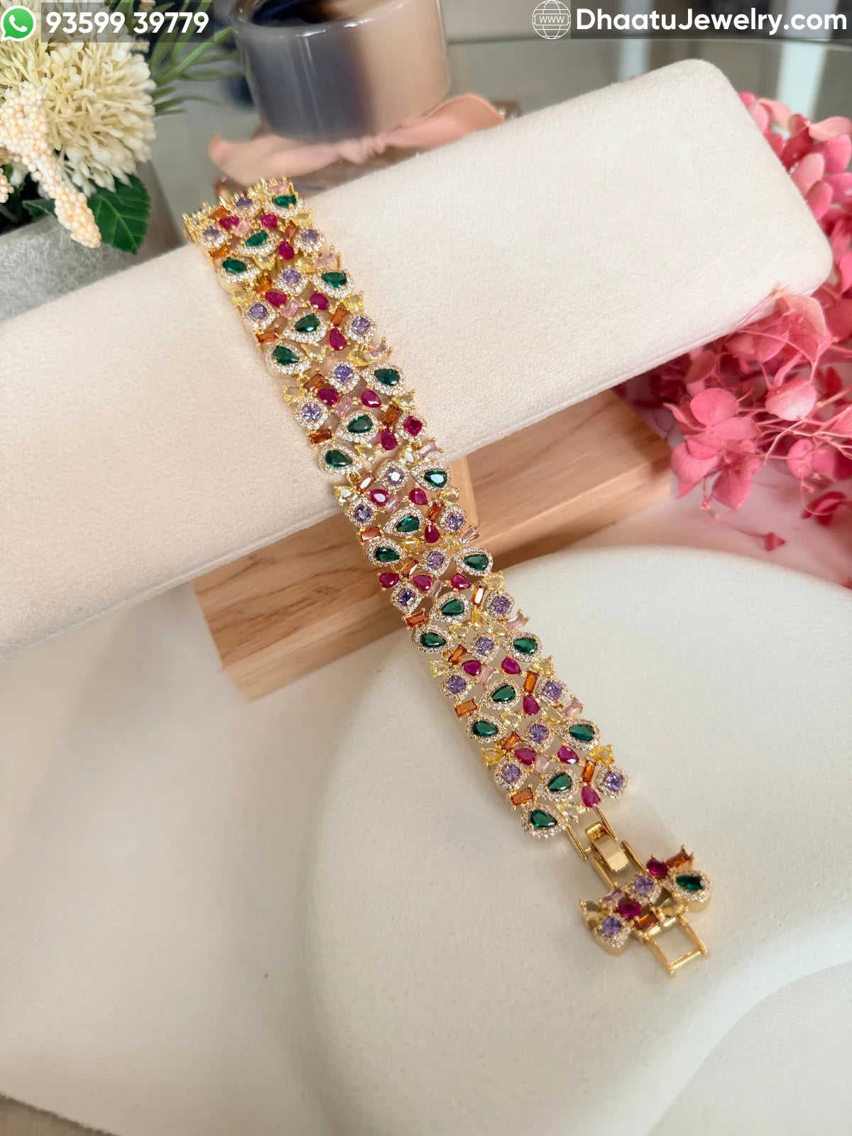 Multicolor Pear-Cut Cubic Zirconia Statement Bracelet - 18cm to 21cm Extendable - Available in Gold & Black Rhodium Finish