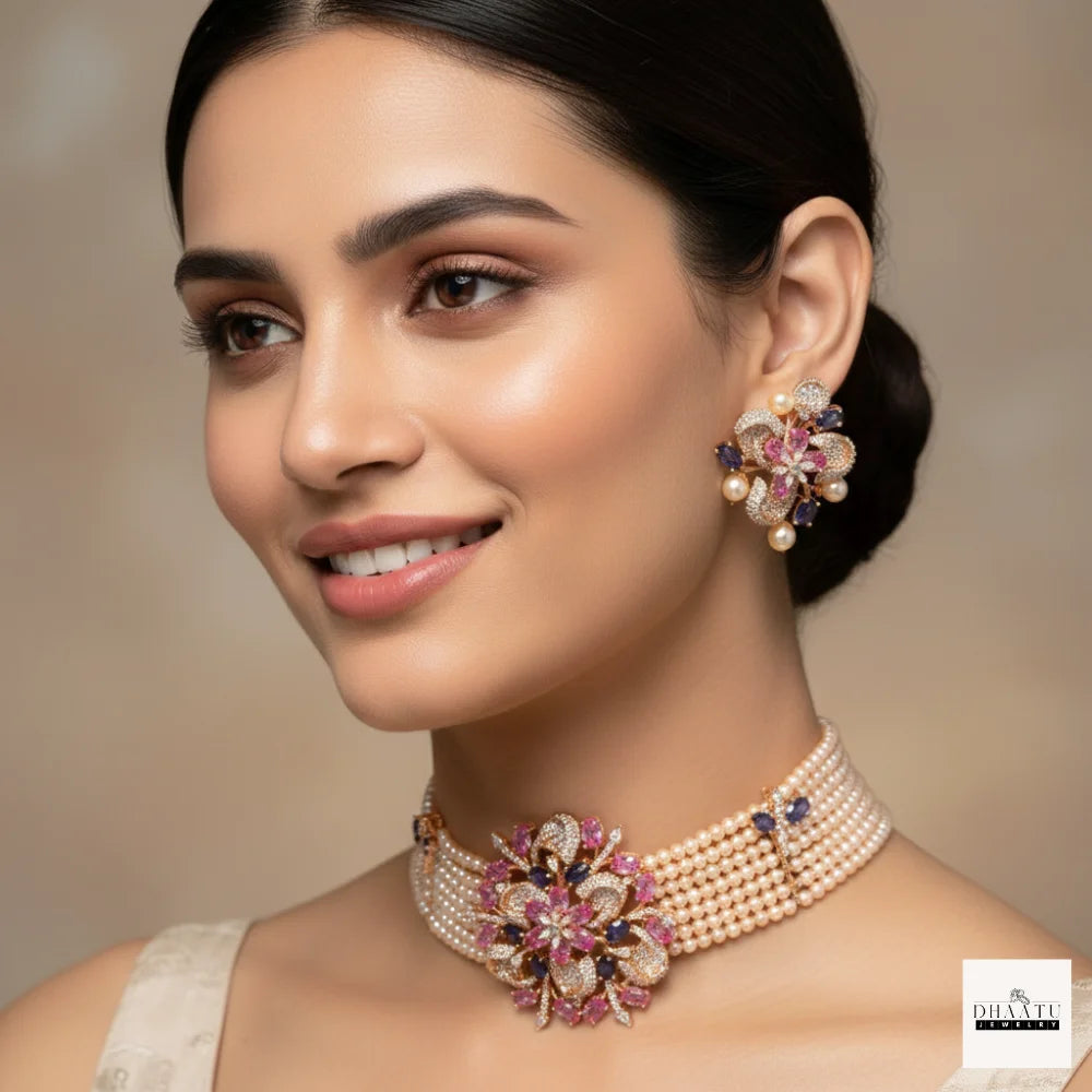 Rose Gold Floral Pearl Choker Set with Pink & Violet CZ Stones