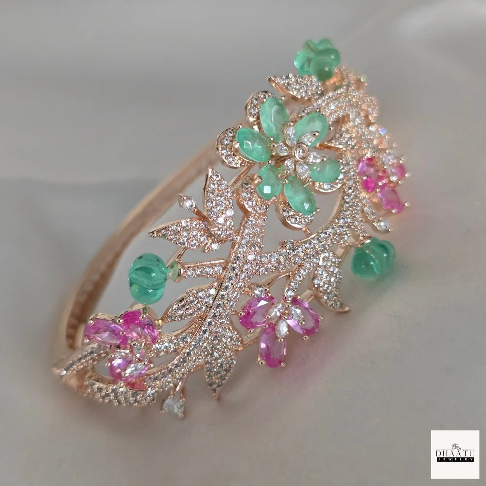 Gulnaar Floral Bracelet in Rose Gold with Mint Green and Pink Sapphire Accents