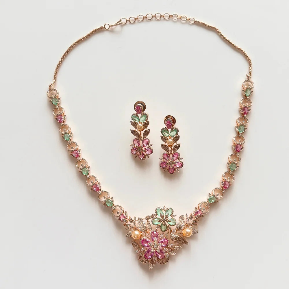 Gulnaar Floral Rose Gold Necklace Set with Pink & Mint Stones and Pearls