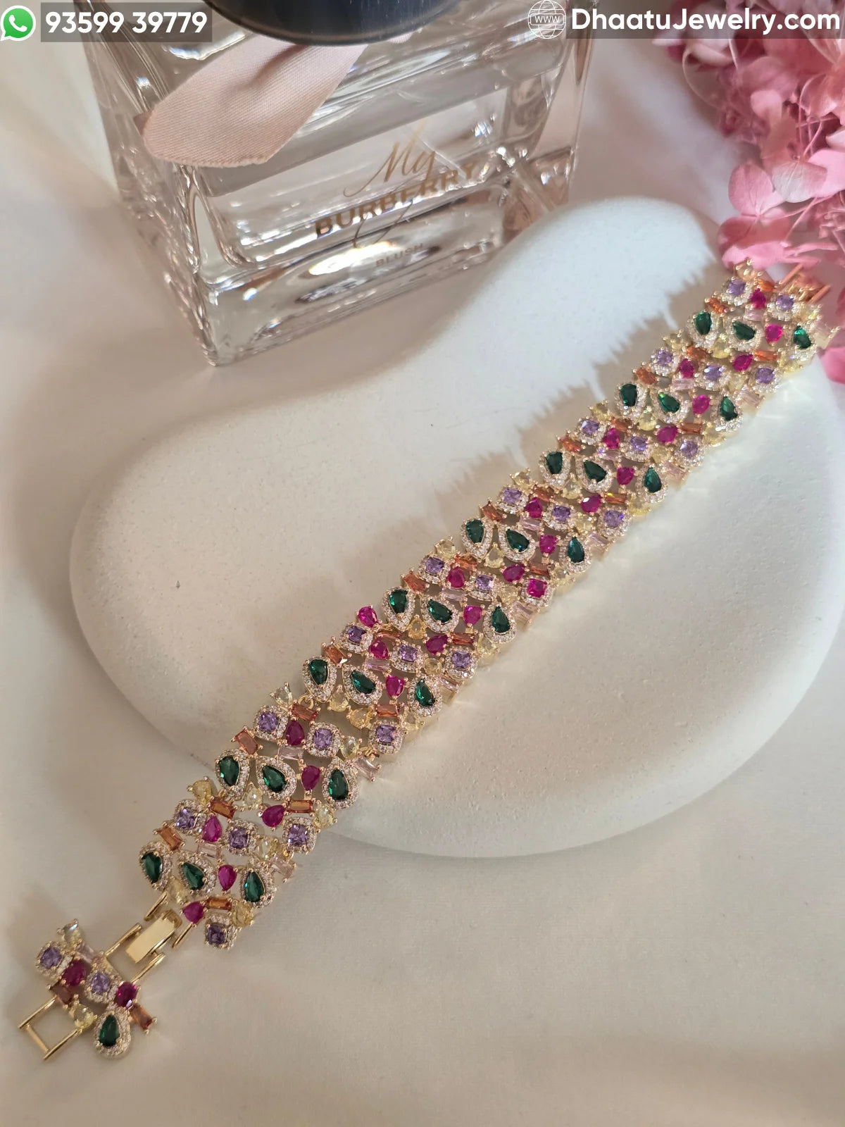 Multicolor Pear-Cut Cubic Zirconia Statement Bracelet - 18cm to 21cm Extendable - Available in Gold & Black Rhodium Finish