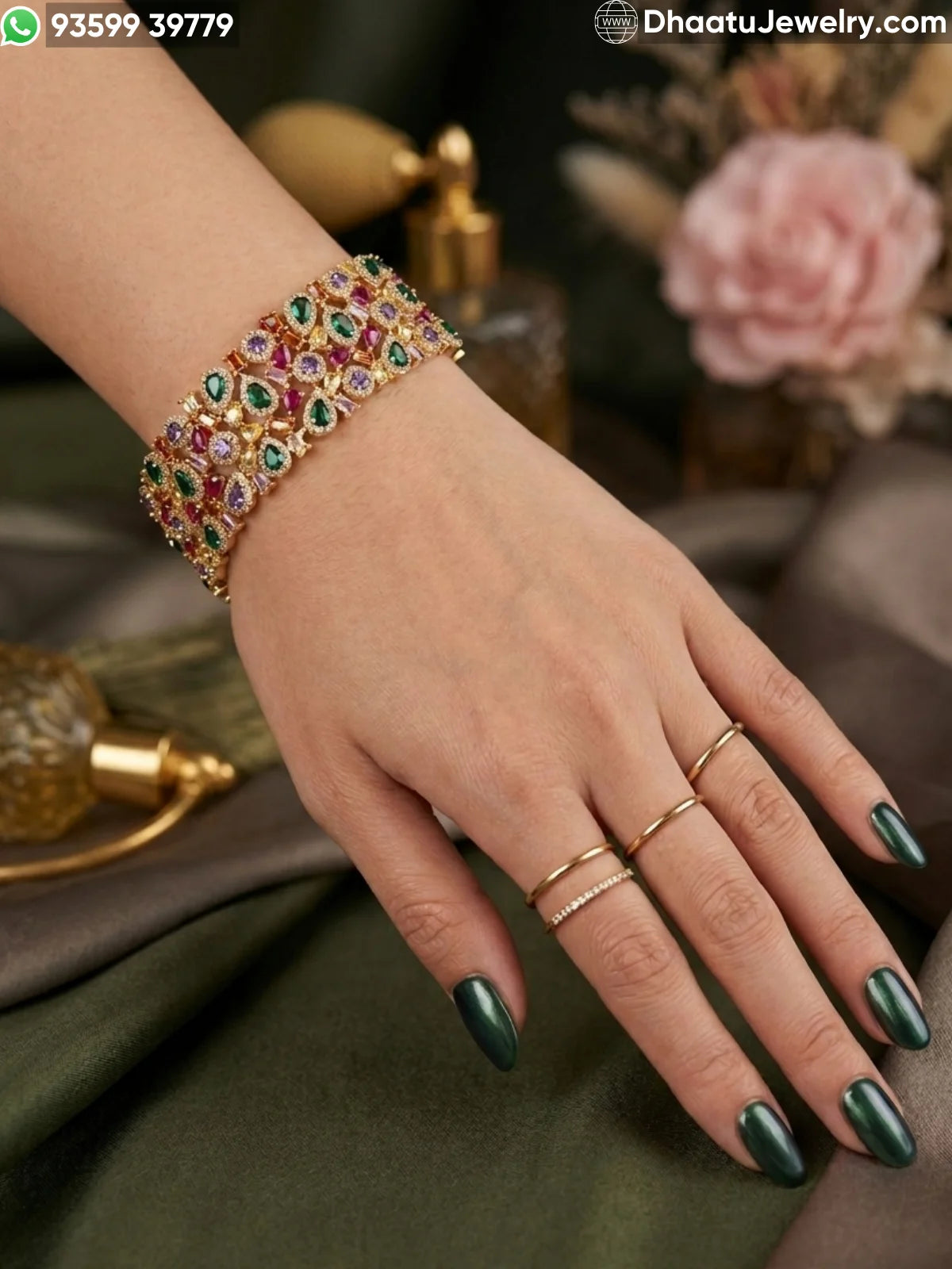 Multicolor Pear-Cut Cubic Zirconia Statement Bracelet - 18cm to 21cm Extendable - Available in Gold & Black Rhodium Finish