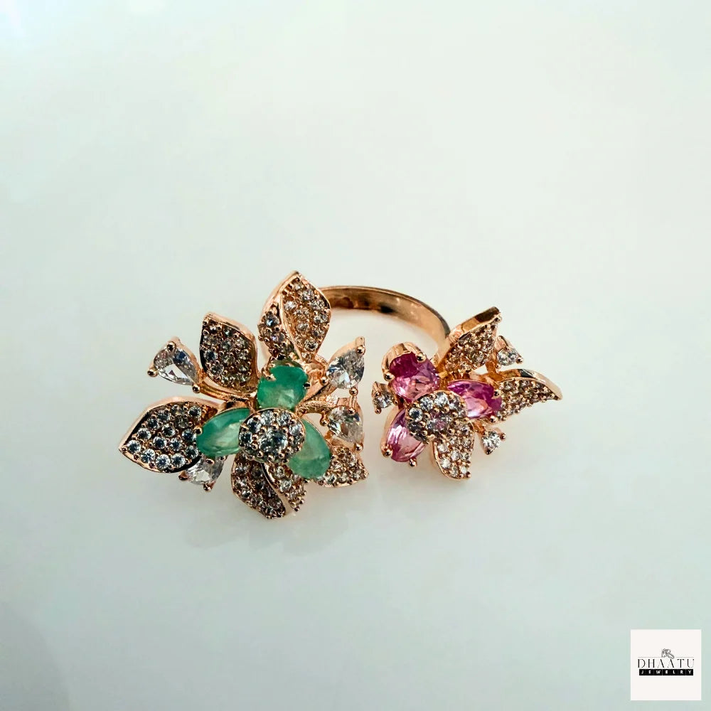 Gulnaar Dual-Floral Open Bypass Ring in Rose Gold with Pink & Mint Stones