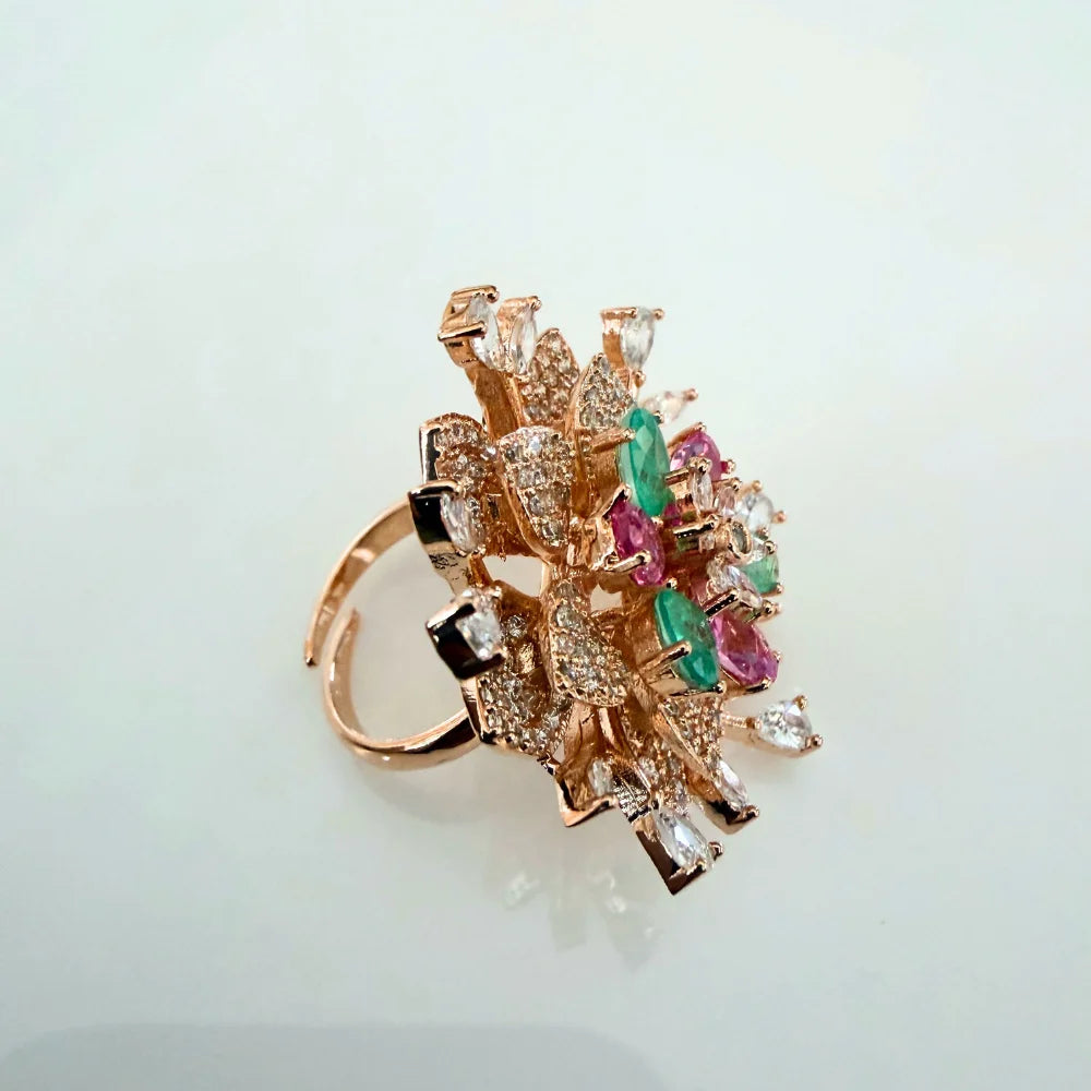 Gulnaar Floral Statement Ring – Rose Gold Plated Cocktail Ring with Pink & Green Stones