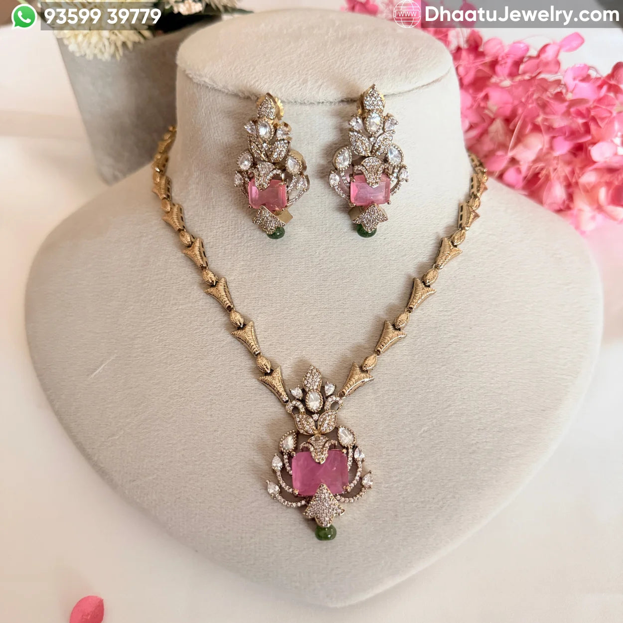 Handcrafted Floral Motif Necklace Set with Rectangular Baguette Stones and Contrast Drops