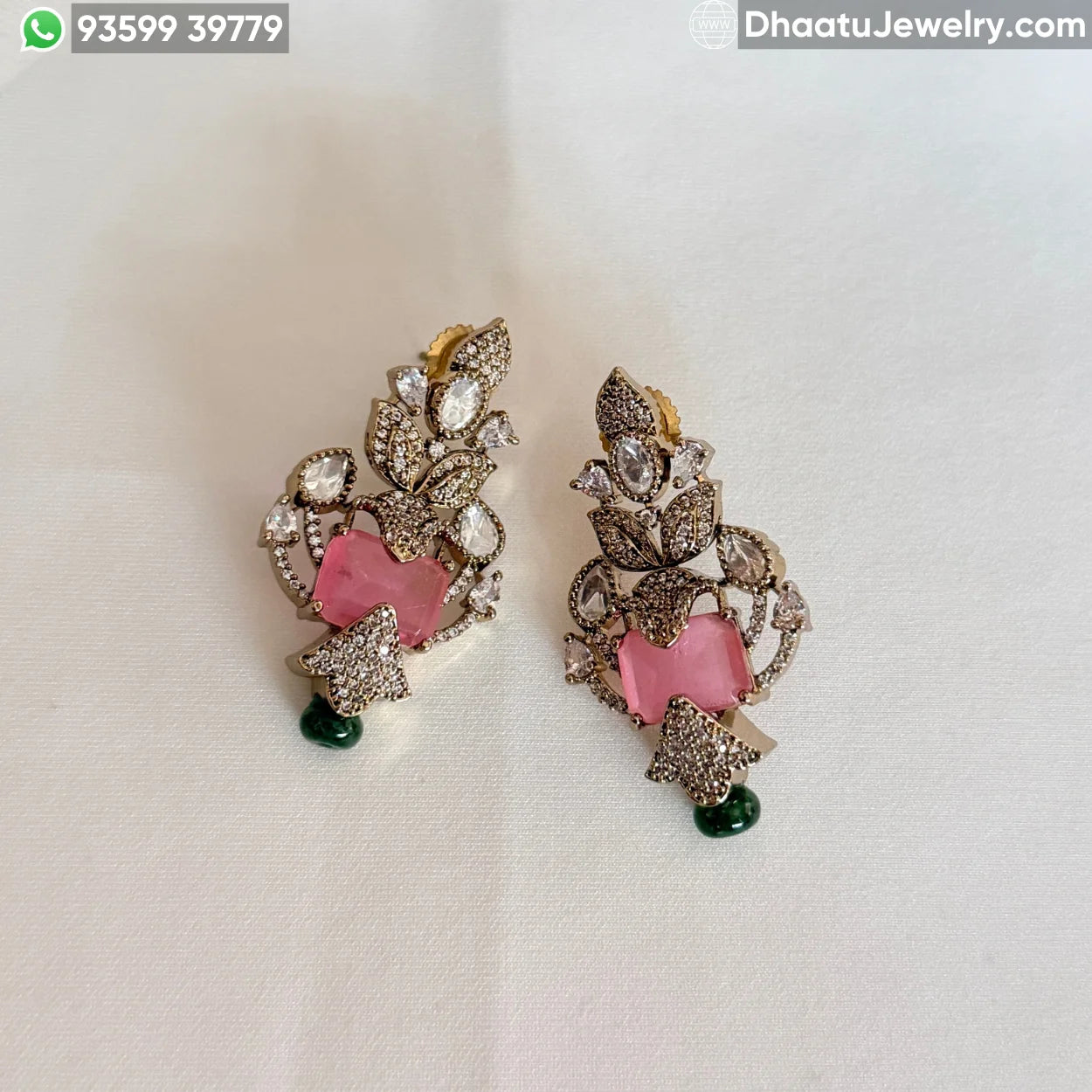 Handcrafted Floral Motif Necklace Set with Rectangular Baguette Stones and Contrast Drops