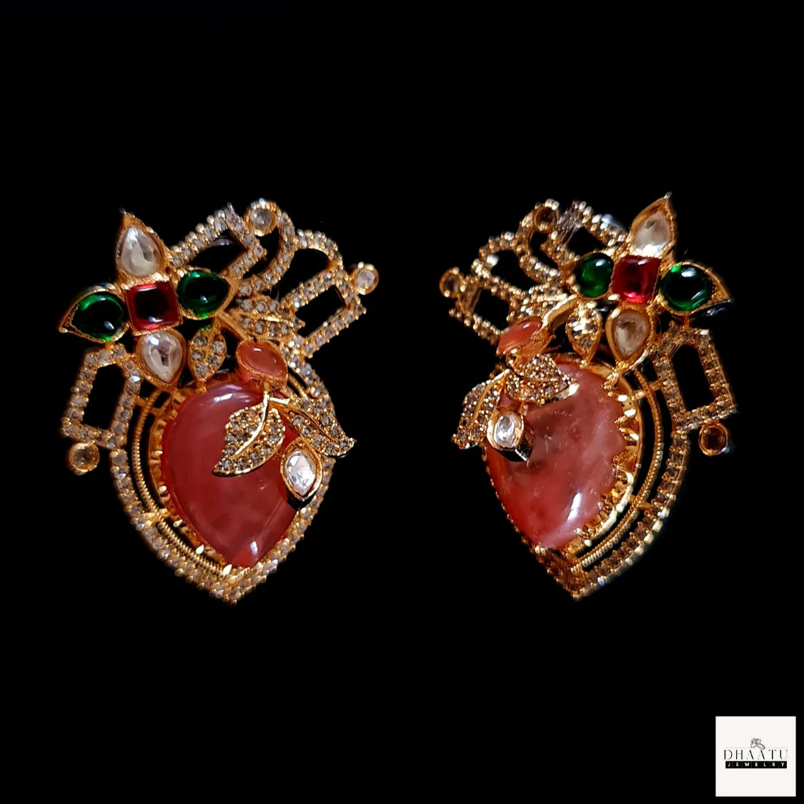 Artisan-Crafted Heart-Shaped Artificial Stud Earrings with Multi-Color Stones