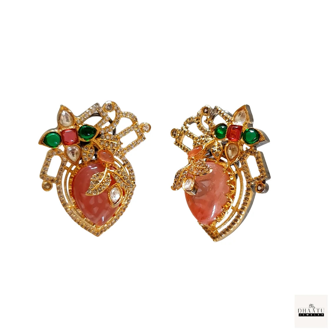 Artisan-Crafted Heart-Shaped Artificial Stud Earrings with Multi-Color Stones