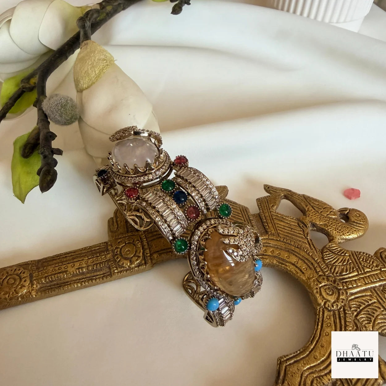 Rivaayat Antique Victorian Brass Cuff Bracelet with Multi-Color Doublet Stones