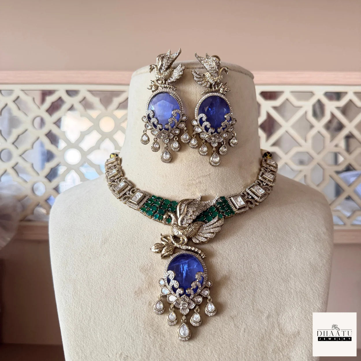 Handcrafted Peacock Motif Fusion Necklace Set with Polki Work and Vibrant Drop Stones