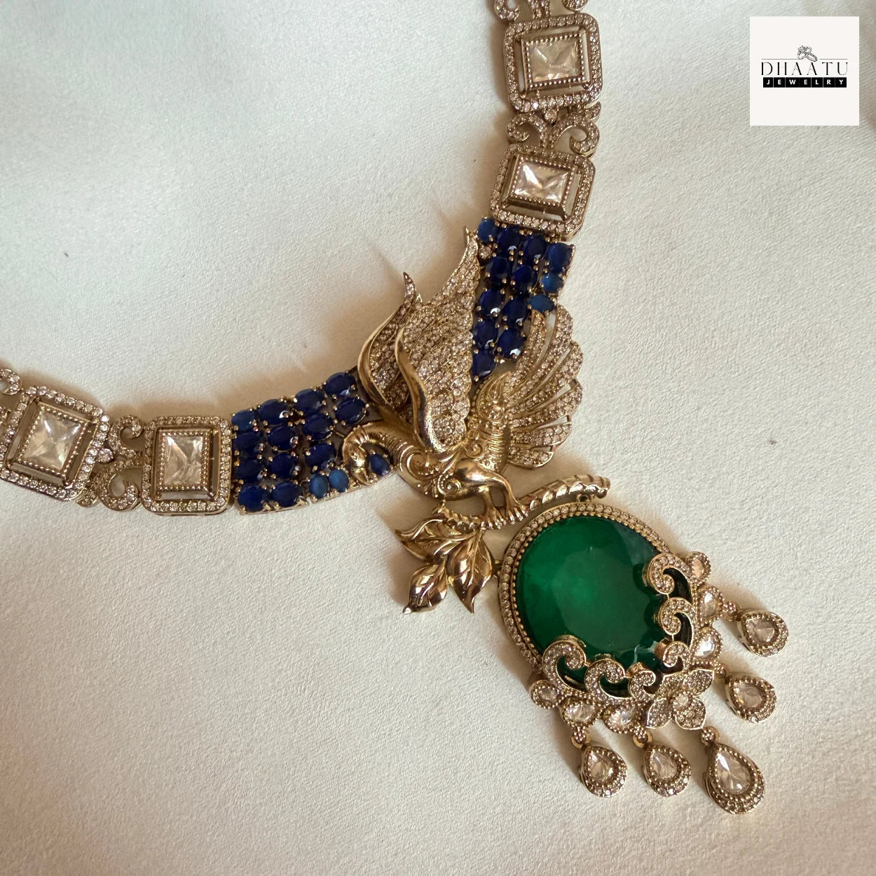 Handcrafted Peacock Motif Fusion Necklace Set with Polki Work and Vibrant Drop Stones