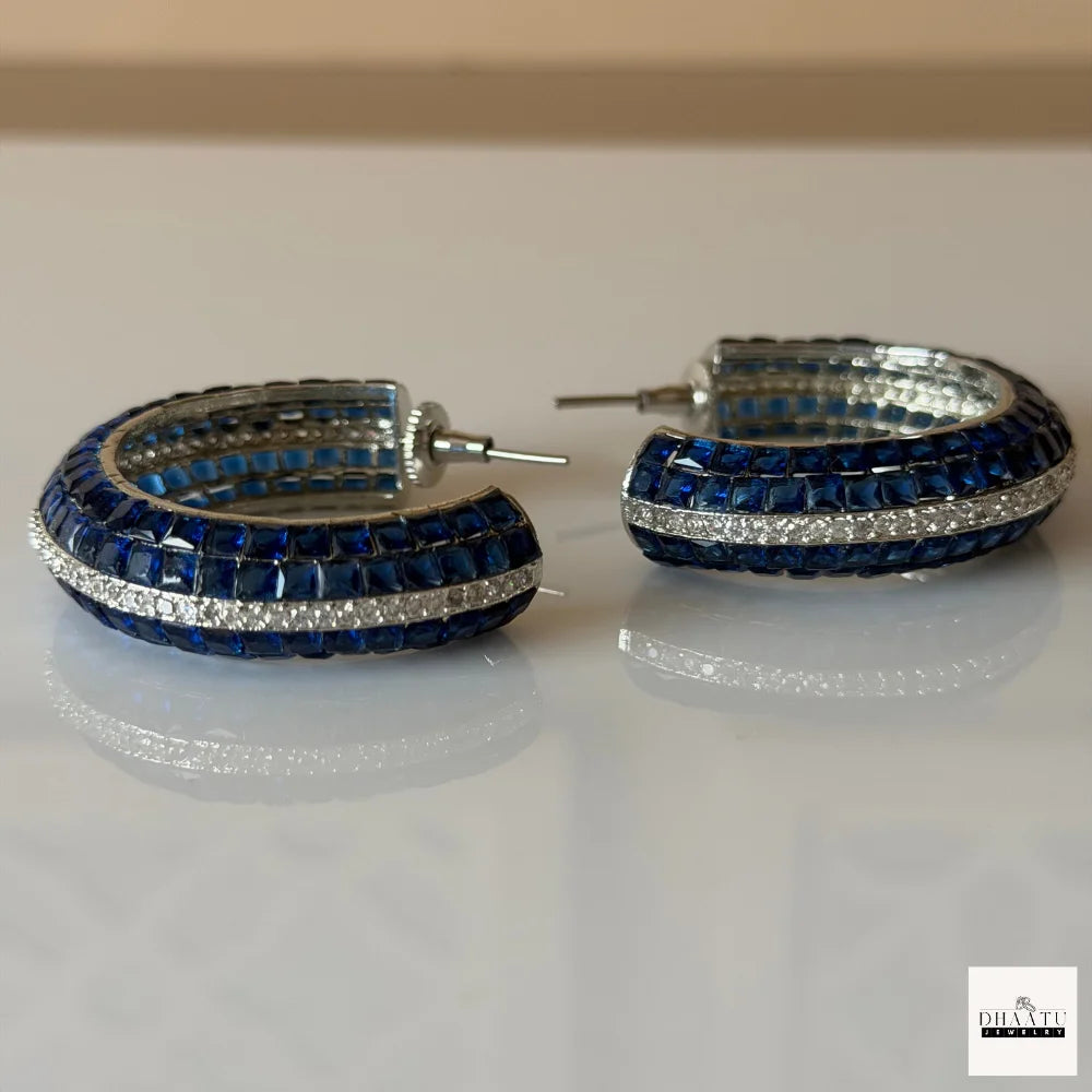 Royal Blue Princess-Cut Statement Hoops with Cubic Zirconia Accents – Silver Plated