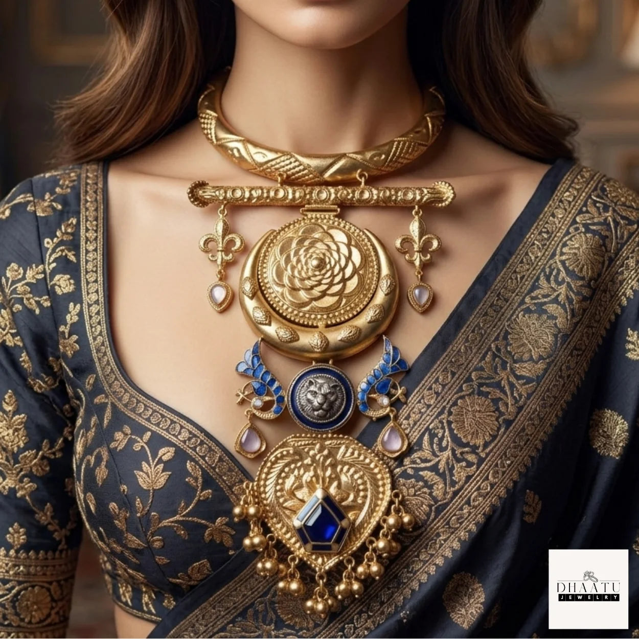 Simha Heritage Royal Medallion Hasli Necklace – Antique Gold Finish with Blue Meenakari and Tiger Motif